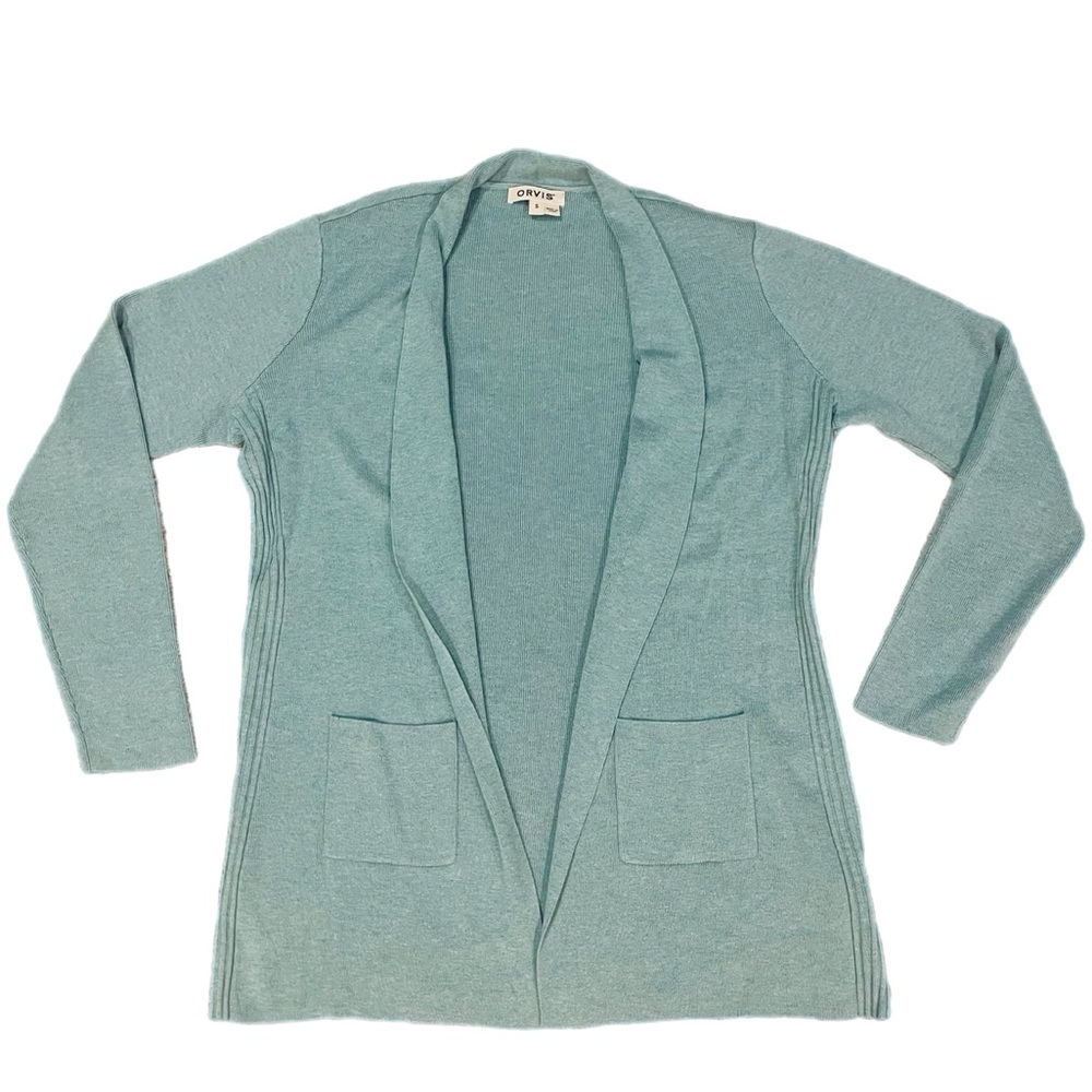 Women’s Orvis Green Wool Blend Open Front Long Line Pocket Cardigan Office S